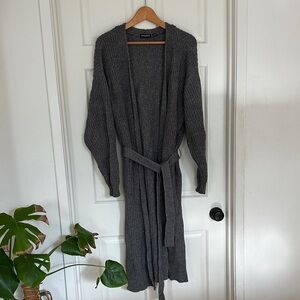 American Apparel long chunky belted cardigan sweater robe fisherman grey M/L
